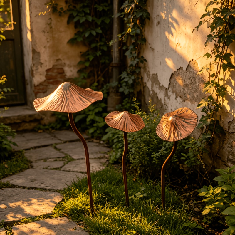 TEMU [3d] 3pcs Set Stem Mushroom Garden Decor, Outdoor Mushroom Decor Metal Garden Stakes, Rusted Texture Mushroom Statues Yard Art, Flower Pot Plant