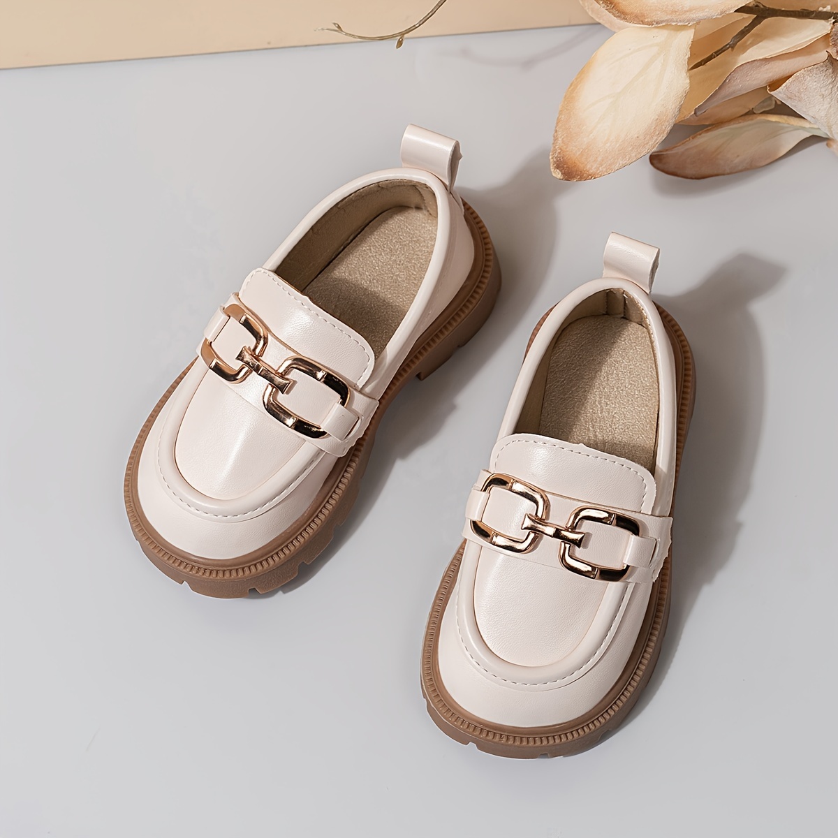 Girls' Slip-On Loafers Soft Synthetic Cover Round-Toe Shoes with Golden  Straps, Lightweight Non-Slip Rubber Sole for