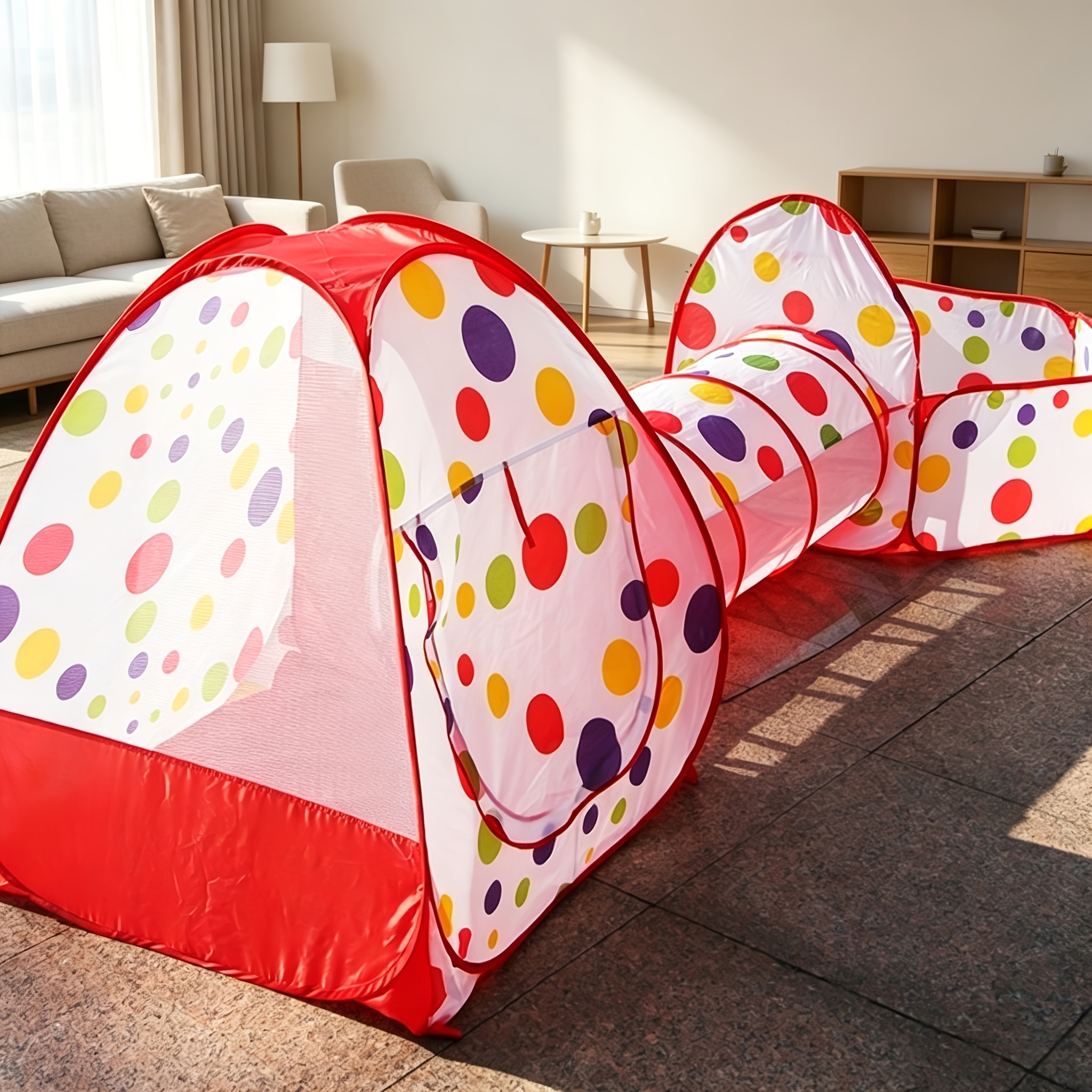 The Multifunctional Tent Combines Of A Playhouse, Pit, And Tunnel Tent. It Features A Main Tone With Rainbow Polka Dot Patterns, And