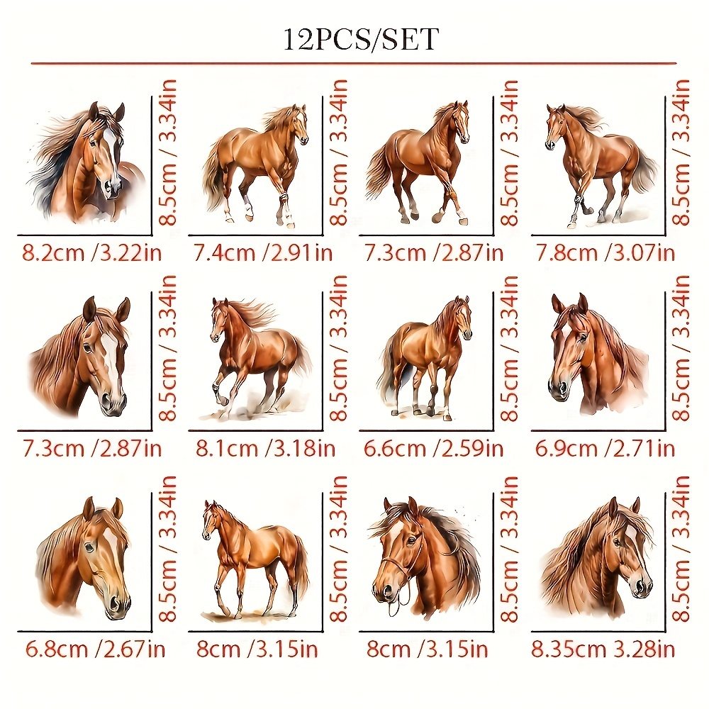 E-shop 12 Stück Pferde-Bügelbilder aus Vinyl - Waschbar & Farbecht, 12 einzigartige Pferdedesigns für DIY-T-Shirts, Rucksäcke und Stoffbastelprojekte –