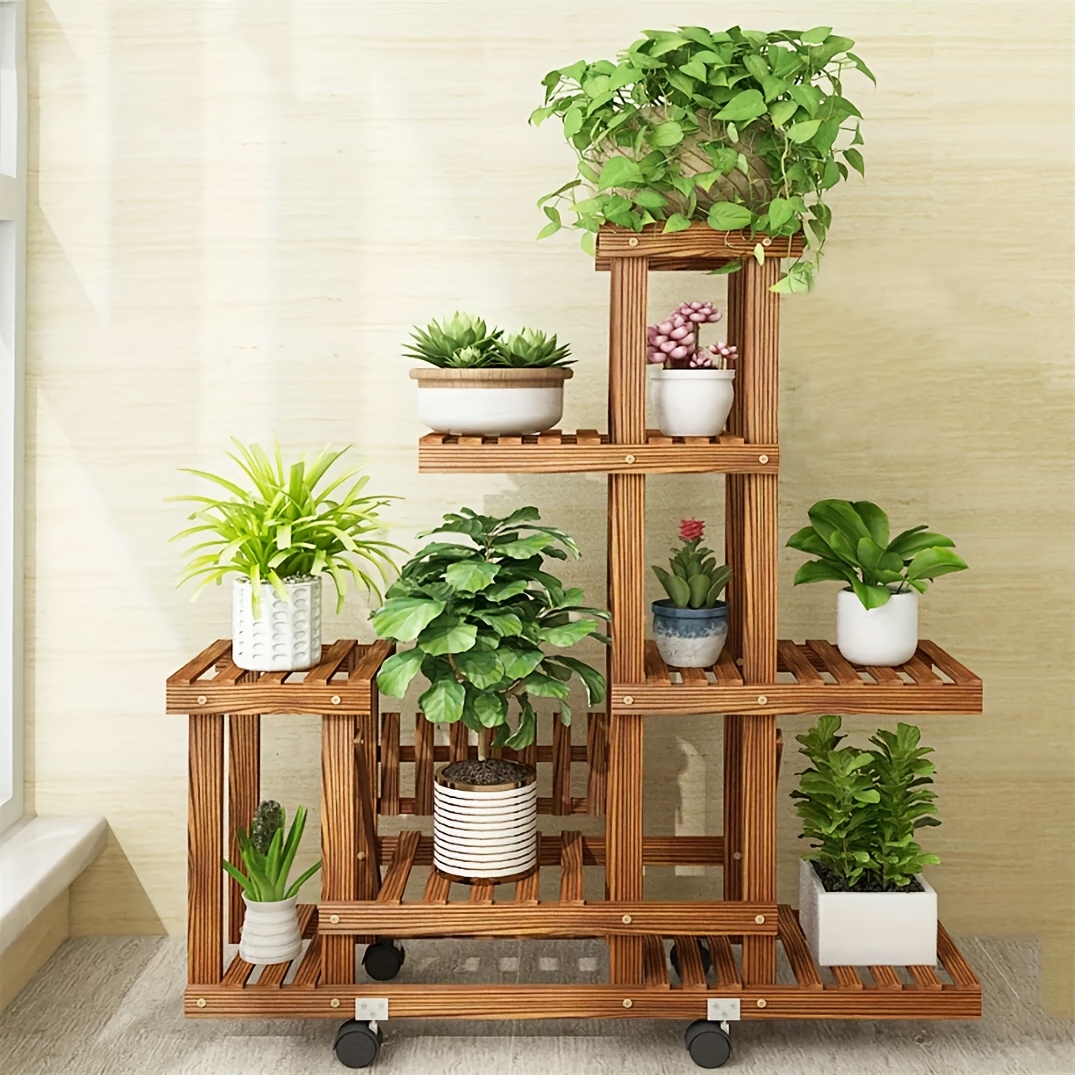 Image of Tall Rolling Wooden Plant Stand Flower Pot Holder Display Shelf For Home Garden Patio Flower Shop