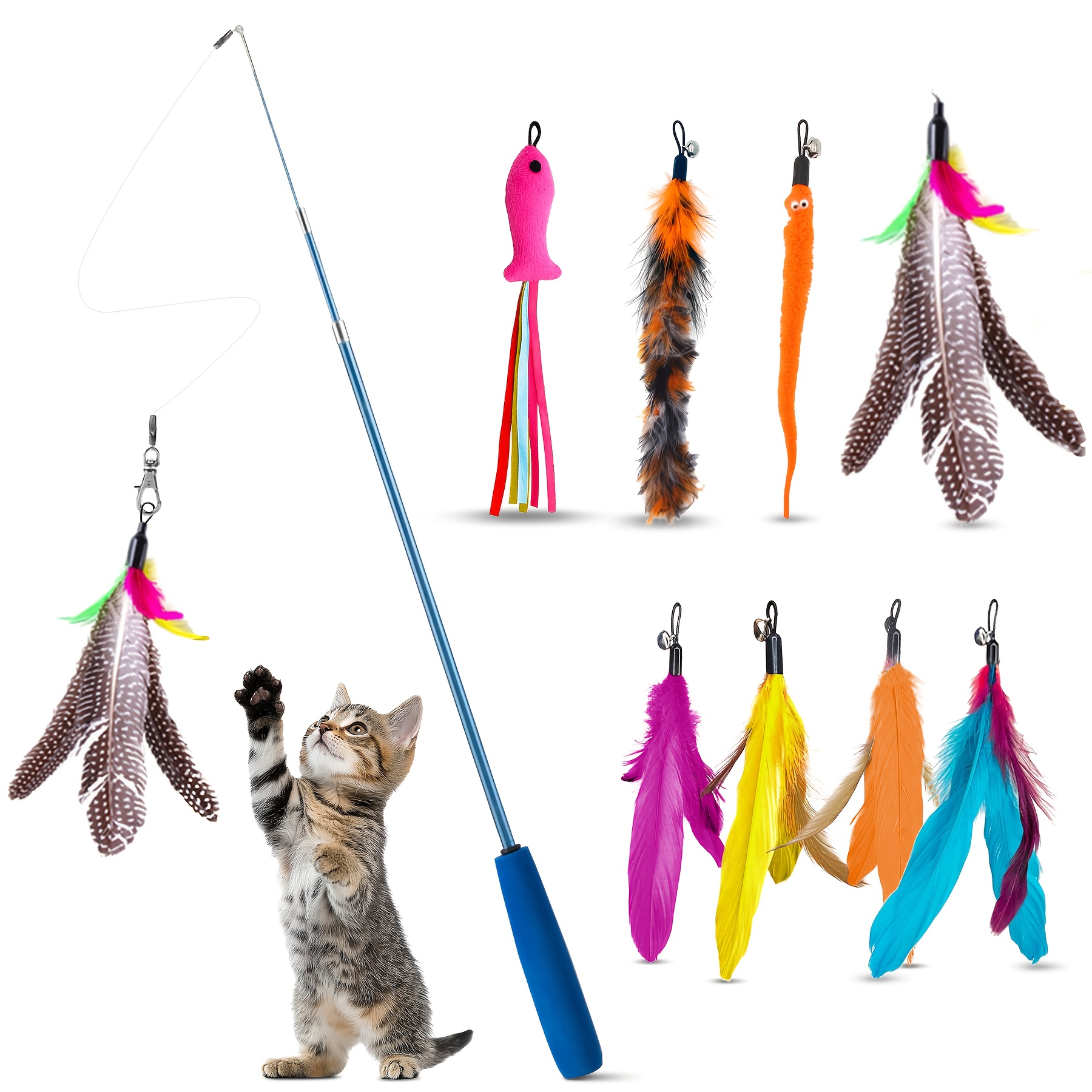 TEMU Interactive Cat Wand Toy Set With Retractable Wands And Feather Refills For Indoor Cats To Active, Safe And Durable Feather Toys For Kittens, Without Battery