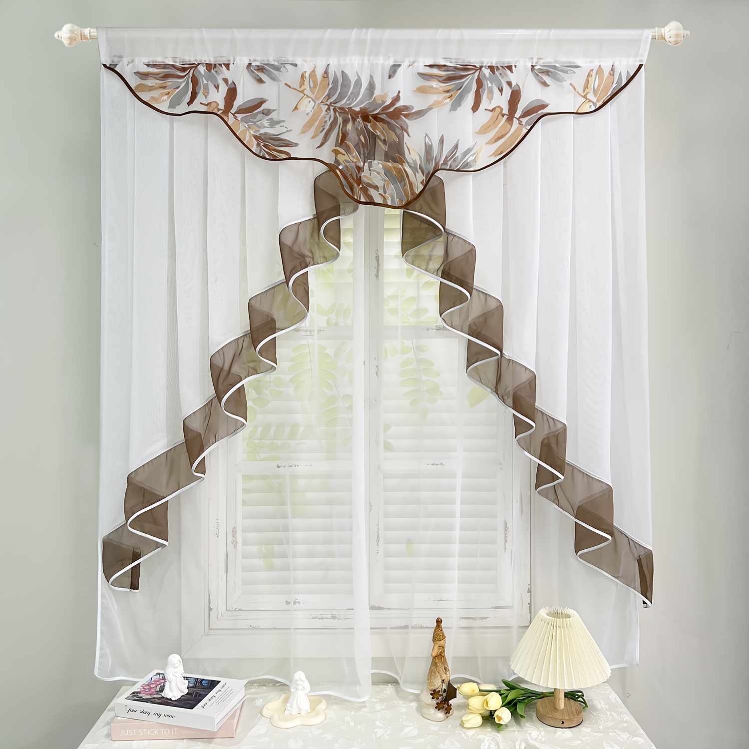 1pc Pastoral Coffee Leaves Pattern Sheer 3 Layer Curtains | Polyester, Art , Uncorded, Rod Pocket, , , Wpkira Brand