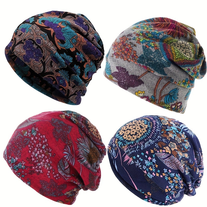 

4 Pcs/set Bohemian Floral Print Brimless Beanie For Women - Autumn And Winter Warm Chemotherapy Cap, Lightweight Multi Functional Headscarf - Multi Functional Neck Cover