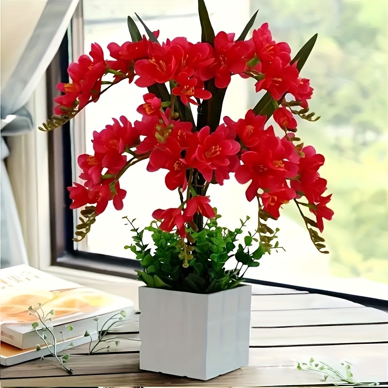 TEMU [popular ] Vibrant Red Artificial Orchid Stems - Lifelike Flowers For Weddings, Engagements, Holidays & Home Decor | Indoor & Tabletop Display, No Container Needed