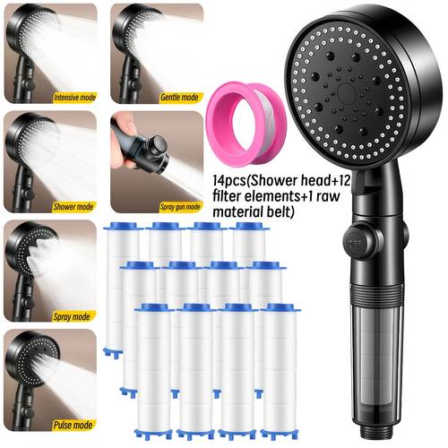 14pcs 6 mode pressure handheld shower with on off pause switch 12 replacement filter elements 1 material tape water filtration showerhead for bathroom for shower use only