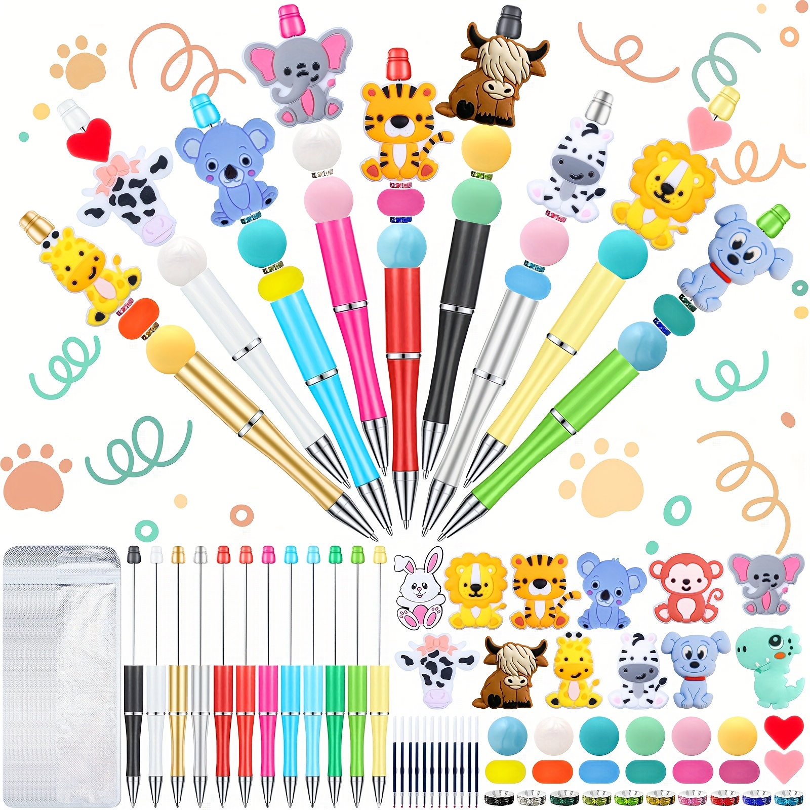 

120pcs Beadable Pens Bulk Silicone Beads For Diy Pen Making Kit Pen Bead For Women Students Office School (animal)