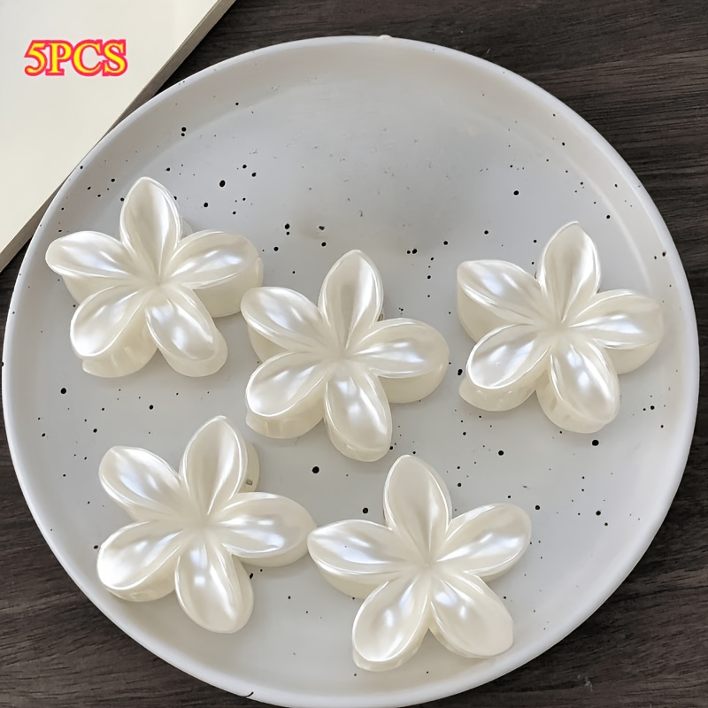 E-shop 5er-Packung Perlweiße Frangipani Haarklammern, Elegante Temperament Freizeit Damen Blumenclip, Hochgesteckter Pferdeschwanz Hochsteckfrisur