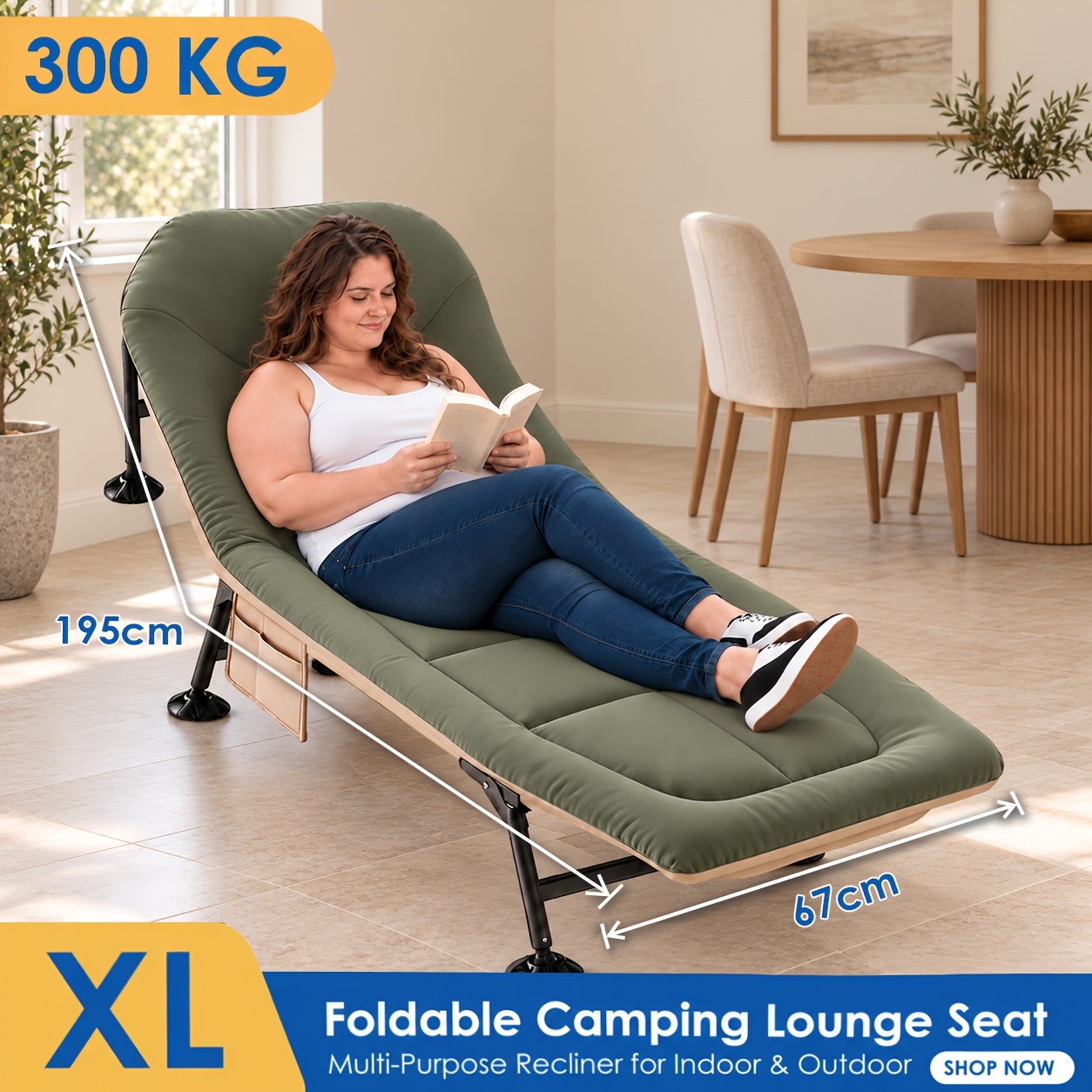 Image of Portable Foldable Lawn Bed, Outdoor Camping Bed, 6-position Adjustable Backrest, Stable Anti-slip Legs Lightweight With Side Pockets & Headrest For Backyard, Picnic, Park, Beach
