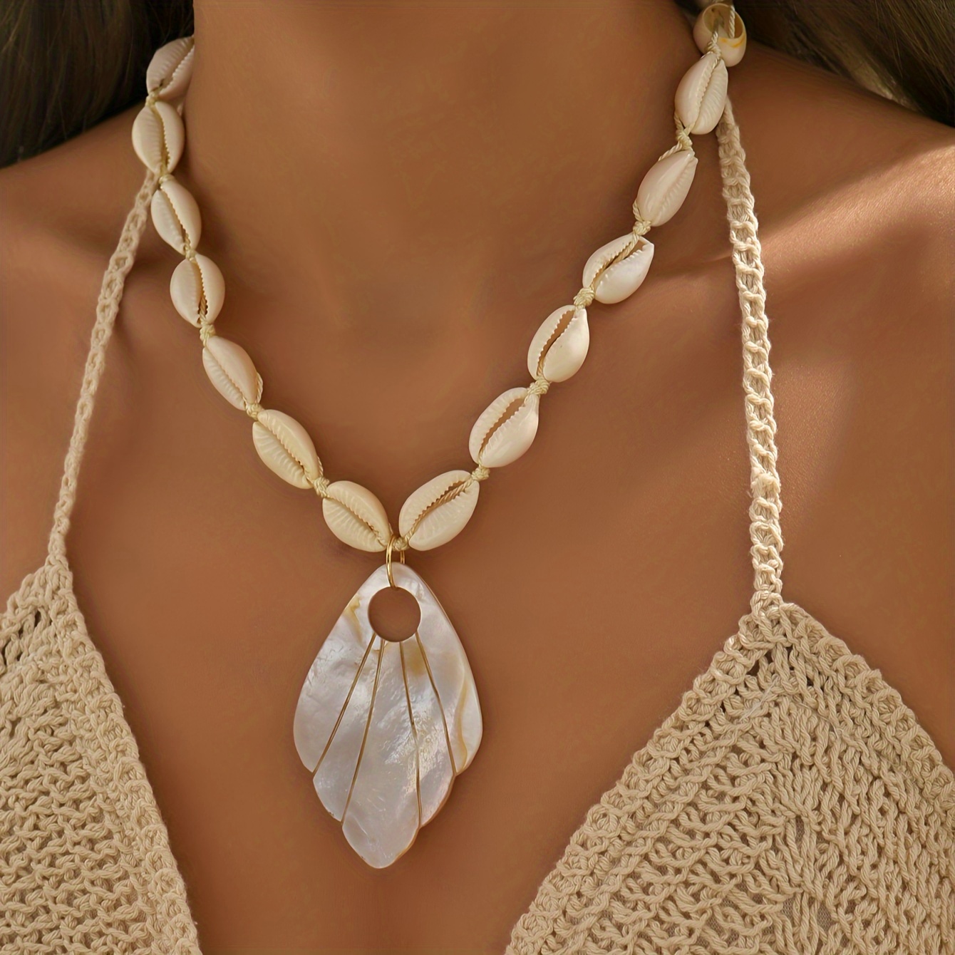 

1pc Bohemian Geometric Pendant Shell Necklace For Women Summer Seaside Vacation Seashell Pendant Jewelry