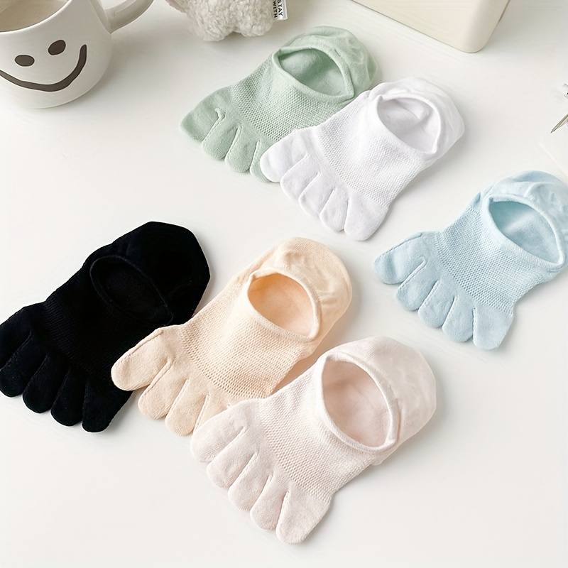 

5 Pairs Solid Color 5 Toe Split Short Socks, Breathable & Comfy Ankle Socks, Women's Stockings & Hosiery