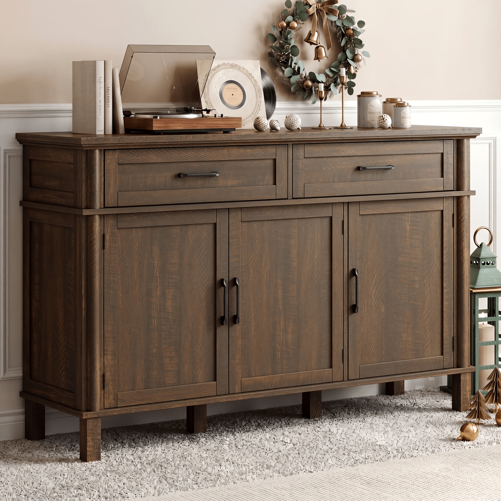 Farmhouse 48 Inch Buffet Cabinet with Storage, 48 Inch Sideboard with 2 Drawers And 3 Doors - Wood Coffee Bar Cabinet with Adjustable Shelves for Kitchen, Dining Room, Living Room