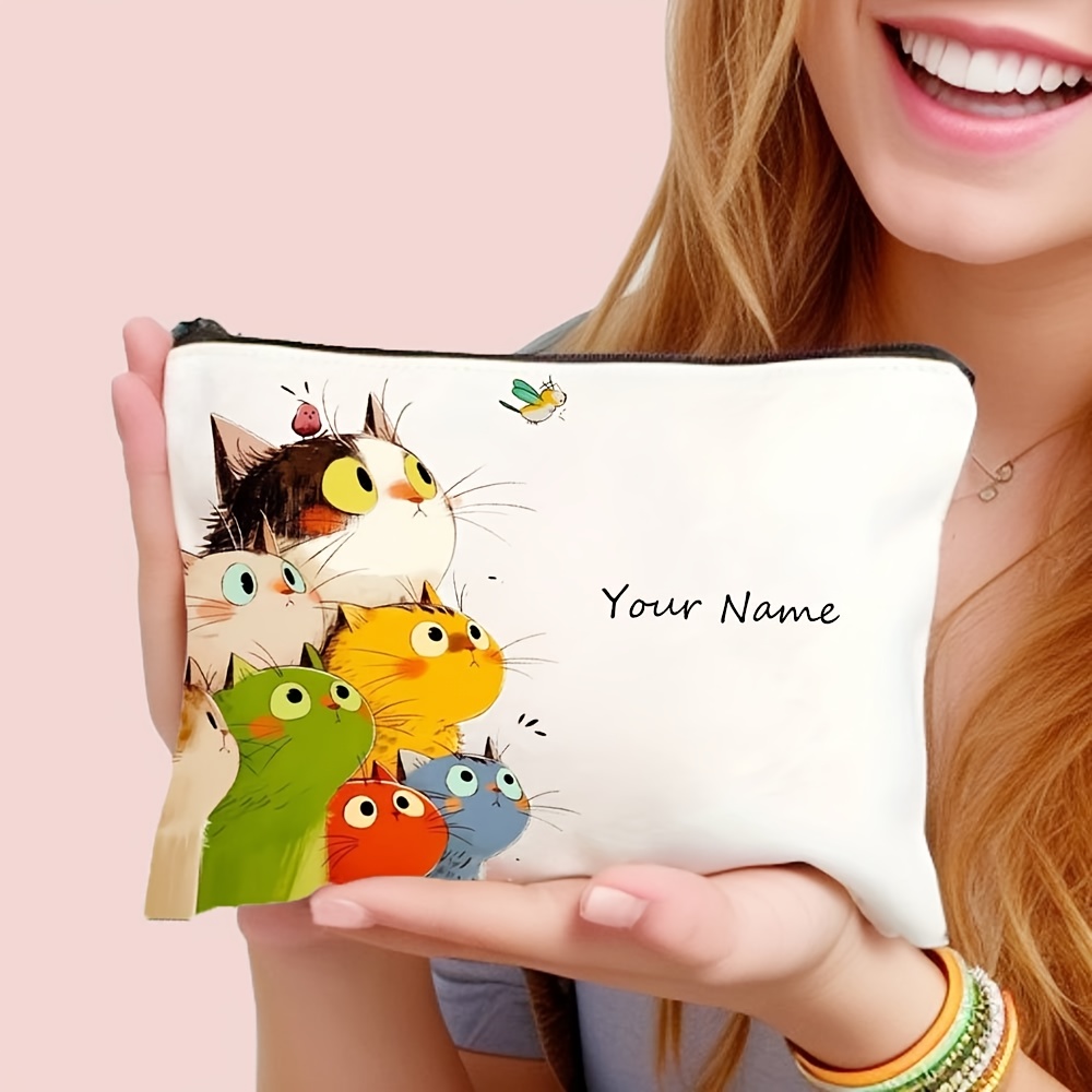 TEMU Bolsa de Maquillaje de Poliéster Personalizada con Estampado Inspirador de Gato Colorido - Estuche Cosmético con Cremallera Blanca, Portátil y