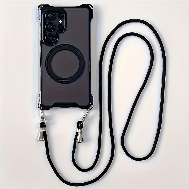 TEMU Une coque de téléphone magnétique transparente avec un support rotatif à 360° et une corde de suspension détachable, adaptée pour Gaiaxy S23