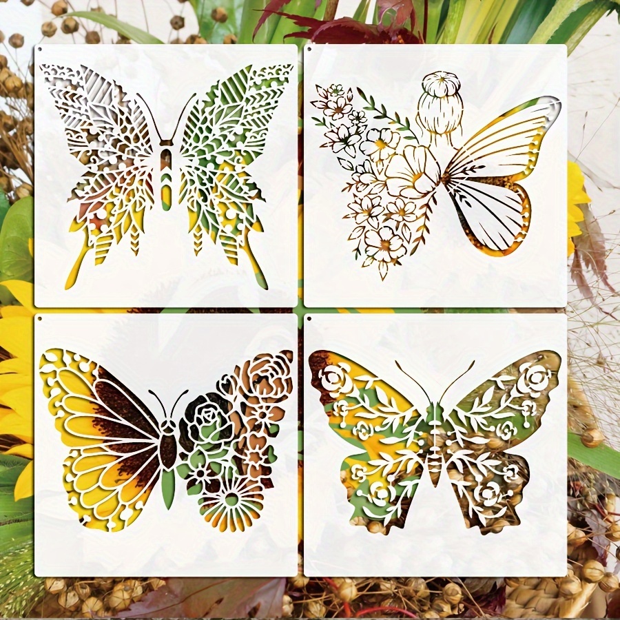 

4pcs Butterfly Stencils For Painting, 11.8x11.8 Inch Reusable Butterfly Template Flower And Butterfly Painting Themed Stencils For Craft Wood Canvas Fabric Nature Home Decor Wood Sign