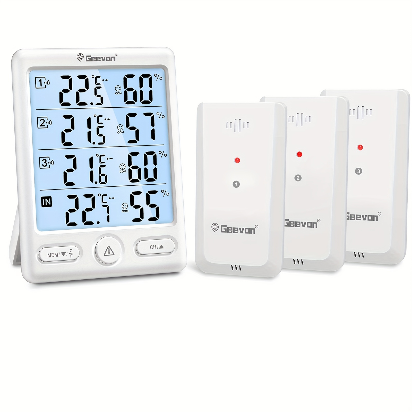 Image of Geevon A Wireless Indoor And Outdoor Thermometer With 3 Remote Sensors, Hygrometer, And Temperature And Humidity Monitoring A Range Of 200ft/60m. It Features Wireless , A Large Display, Indicator