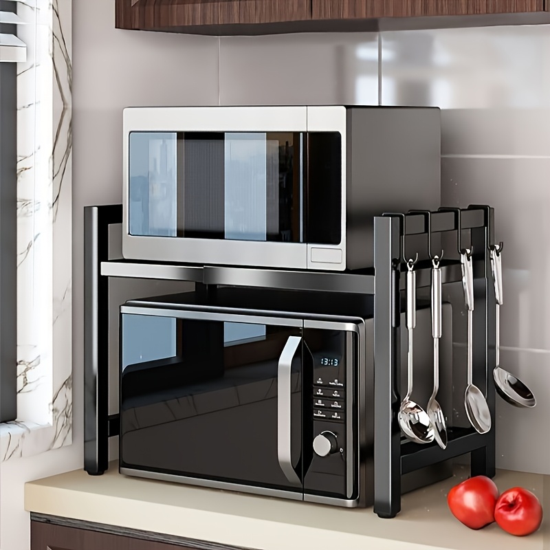 TEMU Expandable Microwave Oven Rack, Adjustable Microwave Oven Bracket Organizer, Standing Kitchen Countertop With 5 Hooks (2 Layers, Black), Utility
