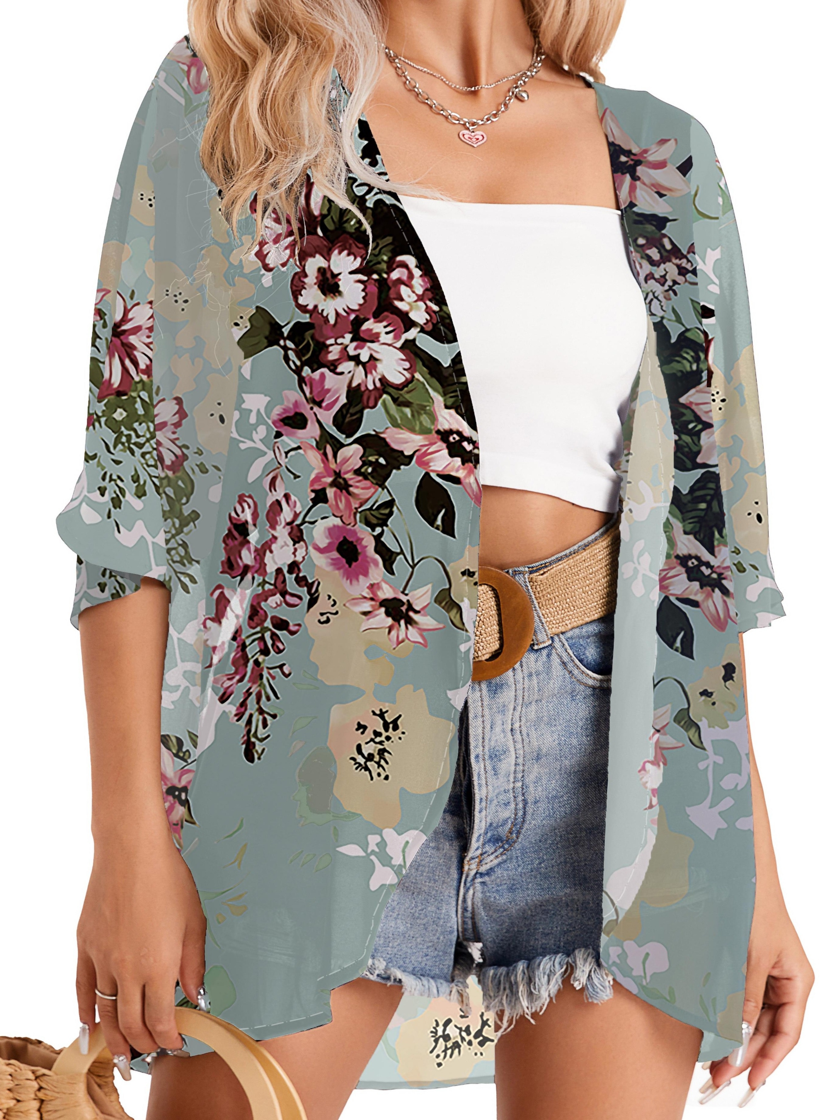 Floral Print Cover Up Cardigan, V Neck Loose Fit Half Sleeves Casual Beach Kimono, Women's Swimwear & Clothing