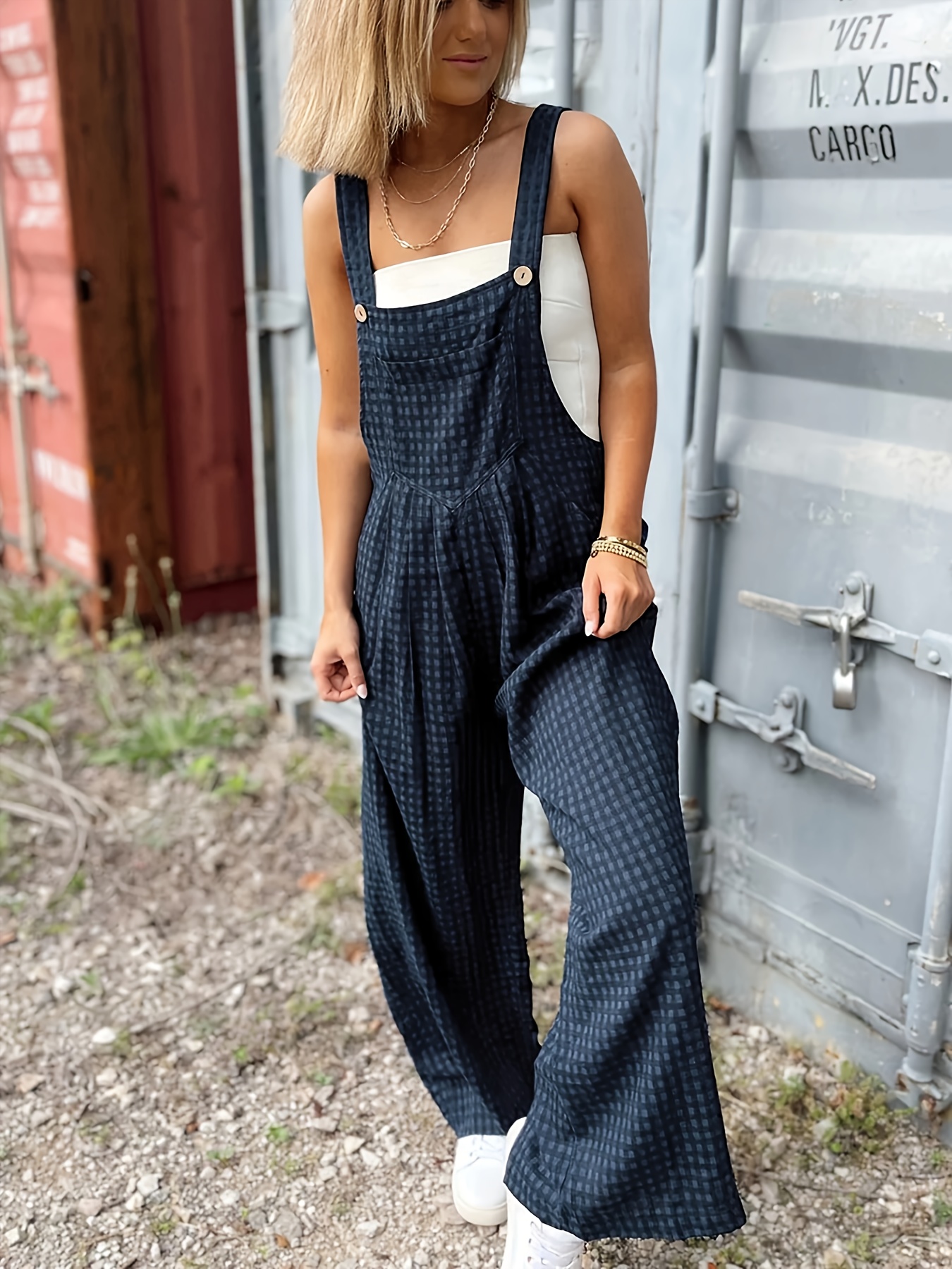 Women'S Stylish Black Plaid Jumpsuit with Strapless Back - Casual, Spring/Summer/Fall, Casual Attire|Strapless Jumpsuit|Plaid Pattern