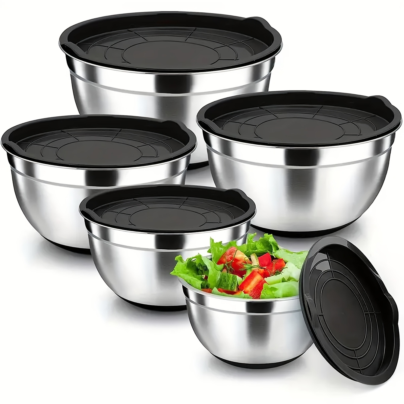 TEMU Ensemble de 5 pièces, à mélanger avec couvercle, gigognes en acier inoxydable, Convient pour , le service en cuisine, Couvercle de fermeture,