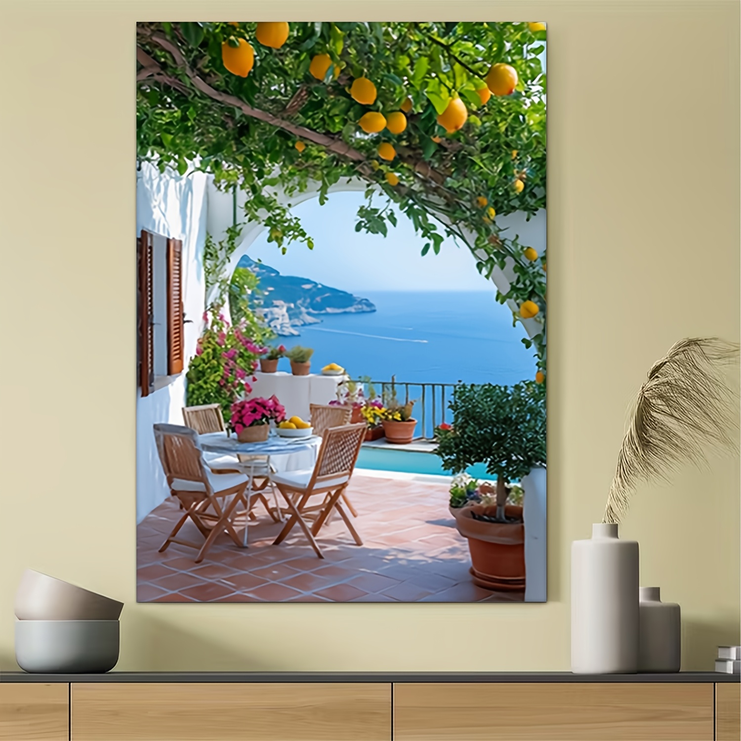 TEMU 2d Flat, 1pc Mediterranean Lemon Tree & Canvas Wall - Non-woven Suitable For,, Lemon Tree Print Painting, Stain-resistant Suitable For