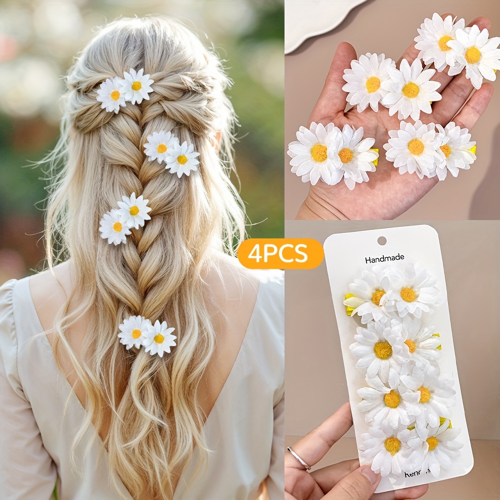 Image of 4pcs Fairy Flower Hair Clips For Girls Daisy Hair Barrettes Elegant Floral Hair Accessories For Spring And Summer, Daily Life, Girls Gifts