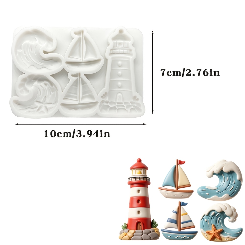 TEMU Ocean-themed Lighthouse, Sailboat, And Ocean Waves Fondant Silicone Mold, Nautical Theme Chocolate Cake Decor, Aromatherapy Plaster Diy Baking