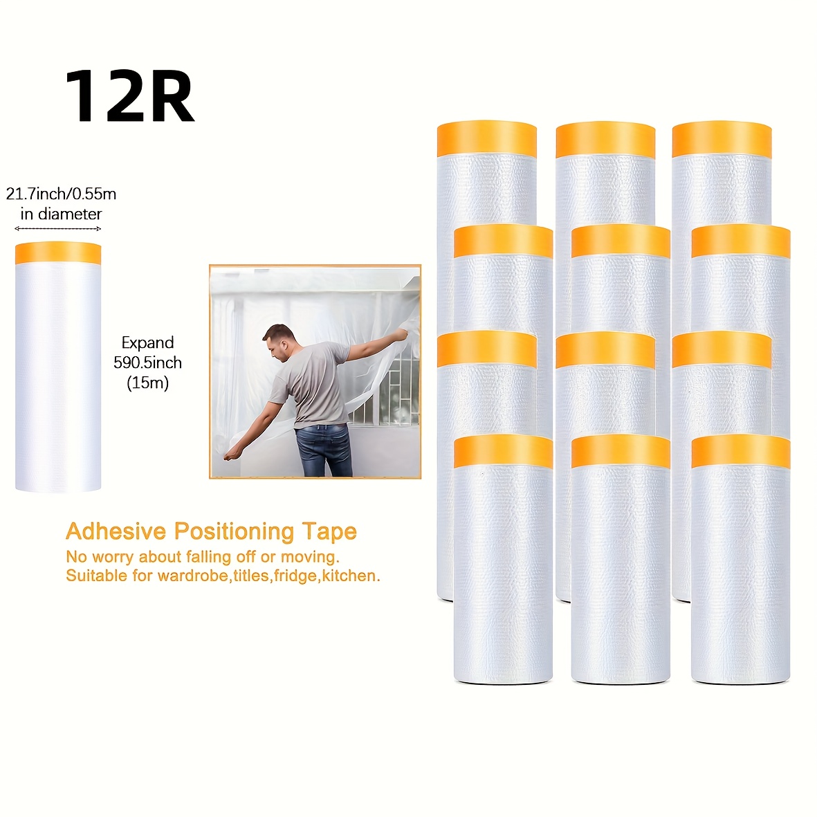 Image of 12 Rolls Heavy-duty Waterproof Pvc Painter's Tape - Extra Thick & Dustproof Film For Car Painting, Furniture Restoration, Wall Refinishing - No Pressure Needed