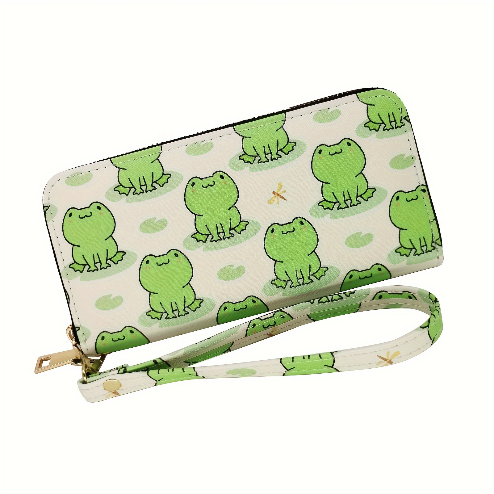 

Women's Cute Frog Pattern Wallet, Faux Leather Zip-around Clutch With Wristlet Strap, Modern Style, Large Capacity Card & Phone Holder