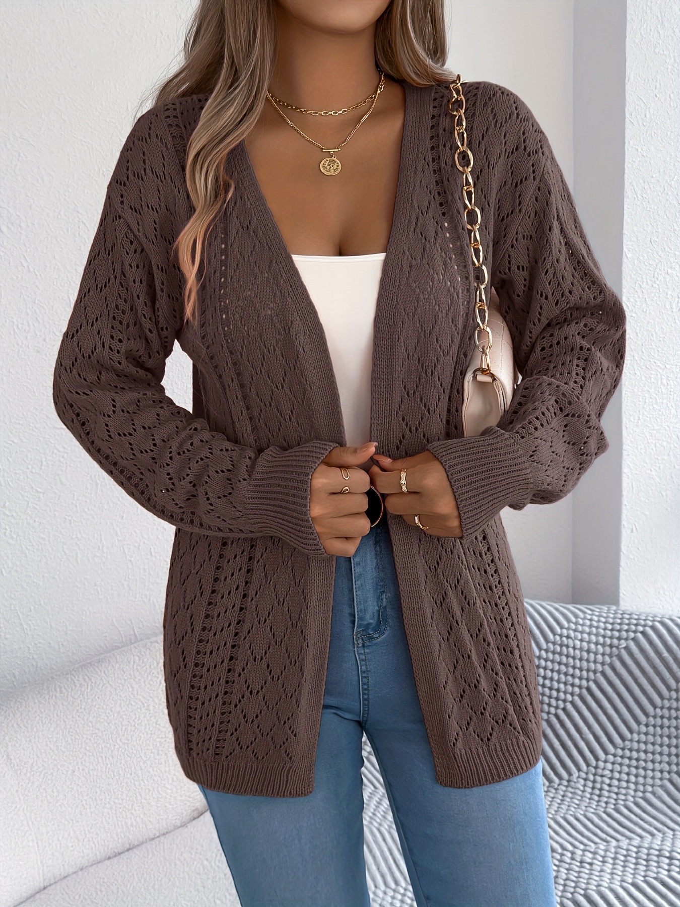elegant women's knit cardigan long sleeve hollow pullover Temu