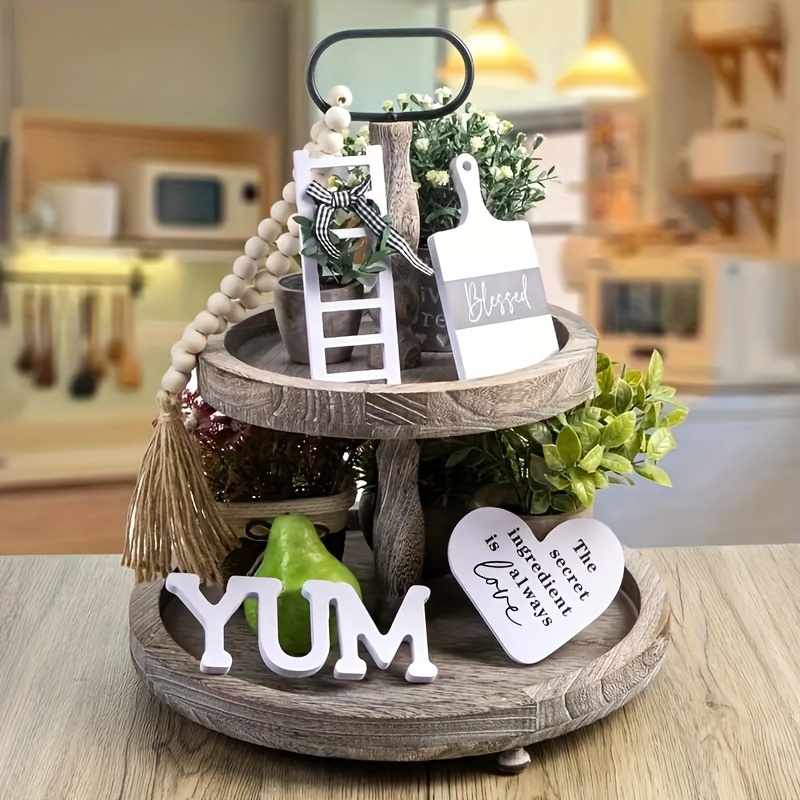 

Rustic Farmhouse 2-tier Wooden Tray Decor - Kitchen Counter & Dining Table Centerpiece, Includes Cute Signs & Beads, Ideal For Home & Seasonal Decor, Service Shelf