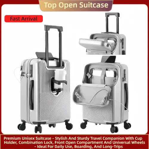 abs pc multifunctional carry on suitcase front open stylish and sturdy travel companion with combination lock cup holder usb charging port and universal wheels lightweight travel suitcase for daily use boarding and long trip 20 22 24 26 inch