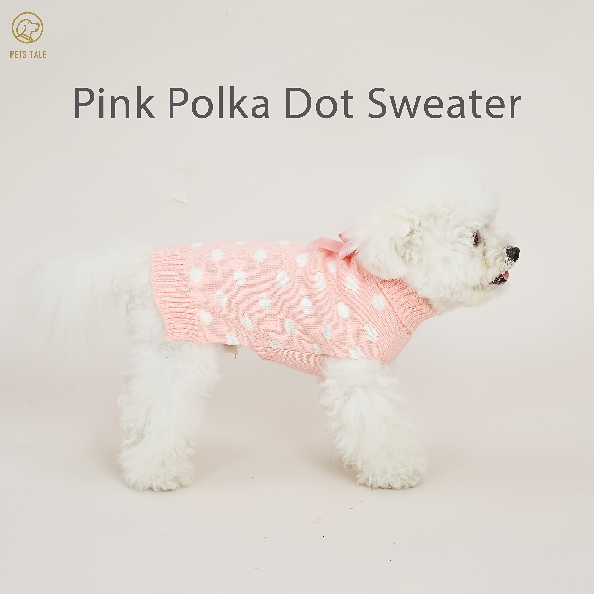 

1pc Pets Tale Pink Polka Dot Dog Sweater With Large Bow, Double Layer Collar, Chain Hole Detail, Acrylic Knit Fabric Pullover For Small To Large Breeds, Dog Sweater For Small Dogs