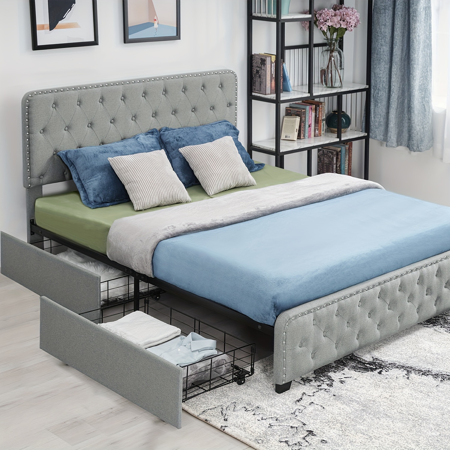 

1 Piece Upholstered Queen Bed Frame - Queen Metal Bed Frame With 4 Storage Drawers And Headboard, Button Tufted, Heavy Duty Modern Fabric Bedroom Platform Bed Frame No Springs Needed, Gray