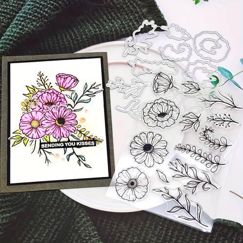 alinacraft 1set blumenstrauß stempel und metall-stanzform für valentinstagsgeschenke, papierbasteln, handgemachte kartenherstellung, diy grußkarten, scrapbooking & album - alinacutle