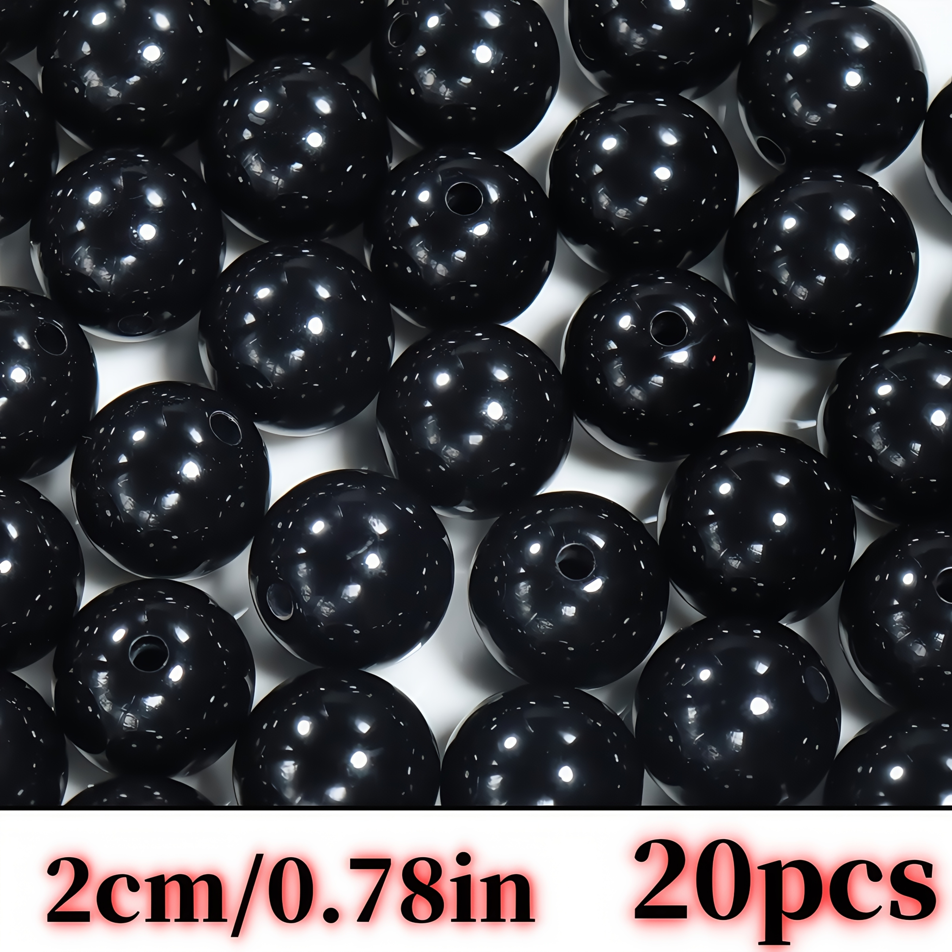 Image of 20pcs 20mm Black Acrylic Beads - Large Glossy Round Beads With Center Hole For Making, Bracelets, Necklaces, Keychains - Durable & Lightweight Craft Supplies, Keychain Accessories, Necklace Components