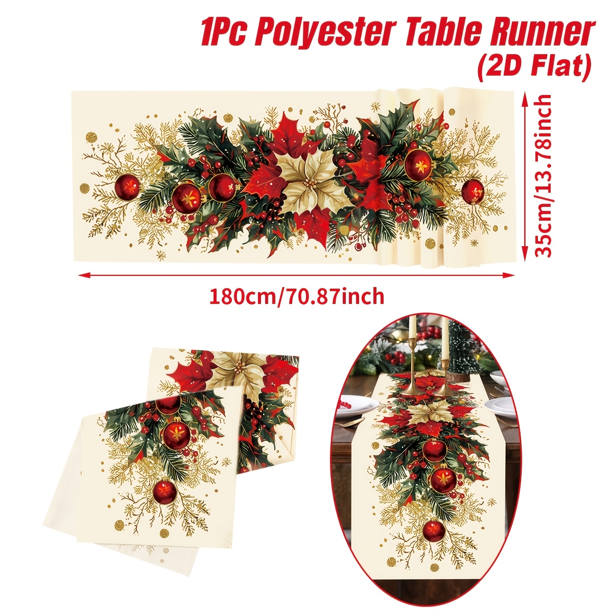 TEMU 2d Flat, Vintage Christmas Poinsettia Party Tablecover, Vintage Red And Golden Patterns Table Cover, Table Decor For Dining Table, Perfect For