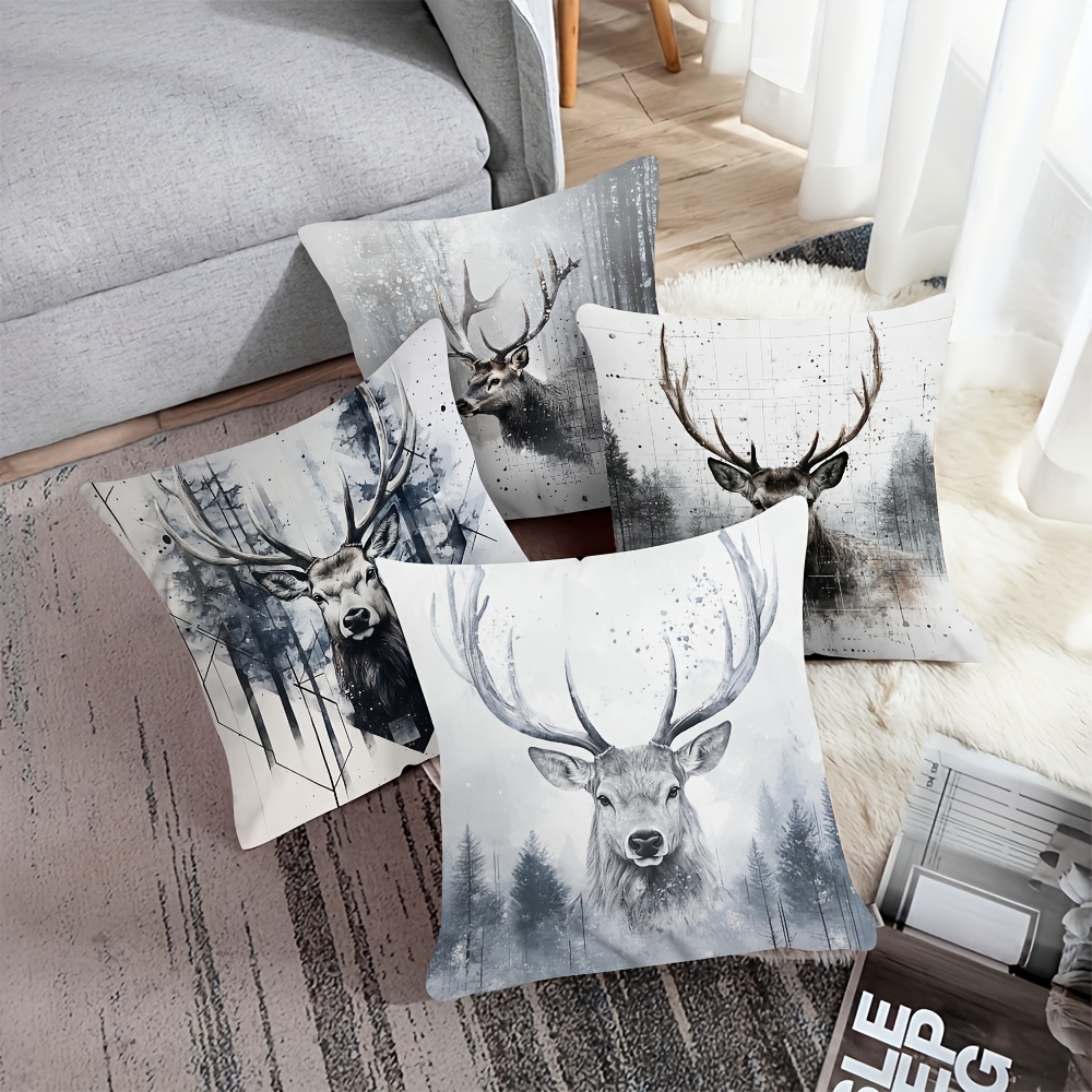 

4pcs Vintage Stag Pillow Covers, Short Plush Polyester Decorative Cushion Cases With Zipper, Machine Washable, 18x18 Inch, For Home And Office Decor
