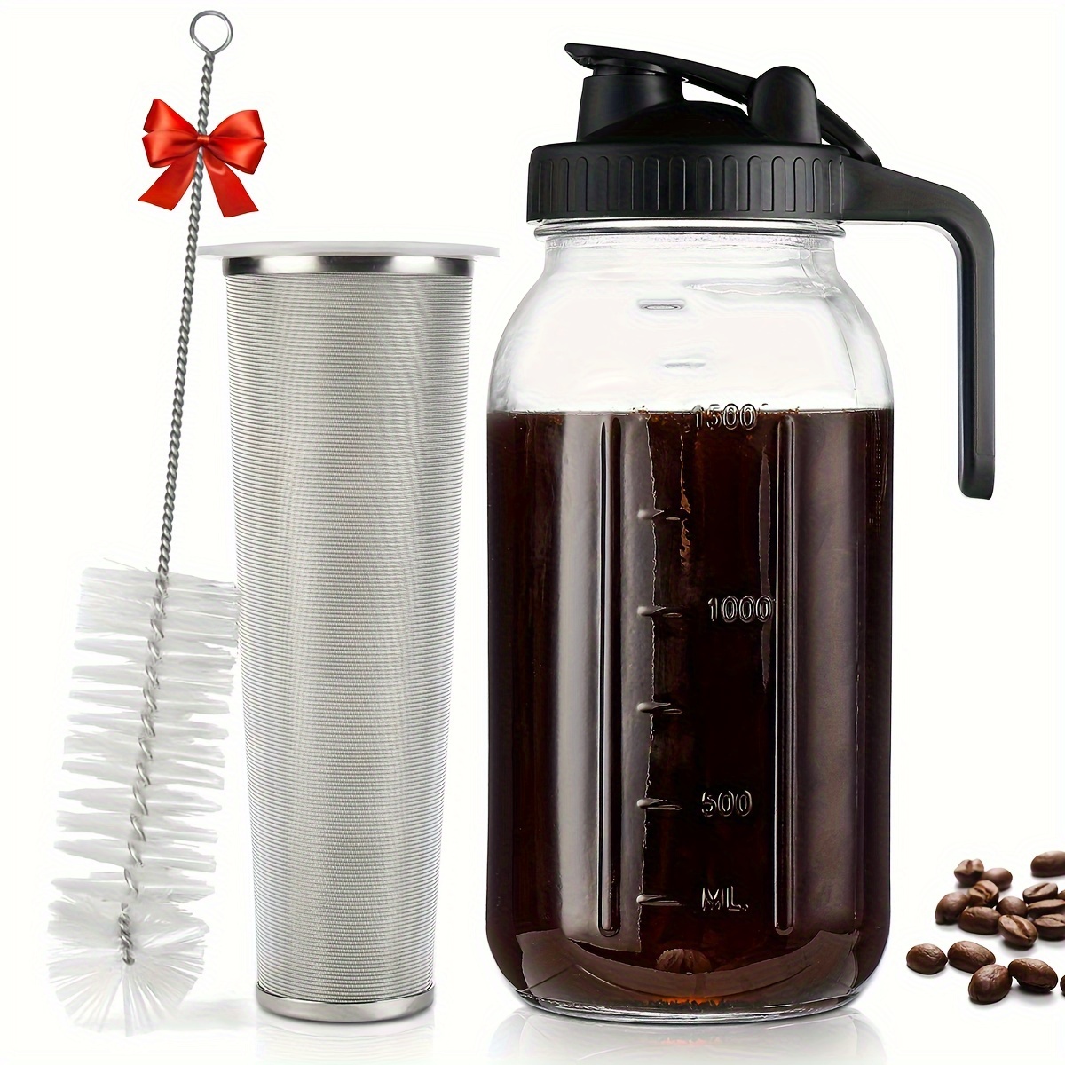 

64oz Cold Water Kettle, Coffee Pot, Tea And Espresso Supplies, With Filter And Cleaning Brush, Large Capacity For Reuse