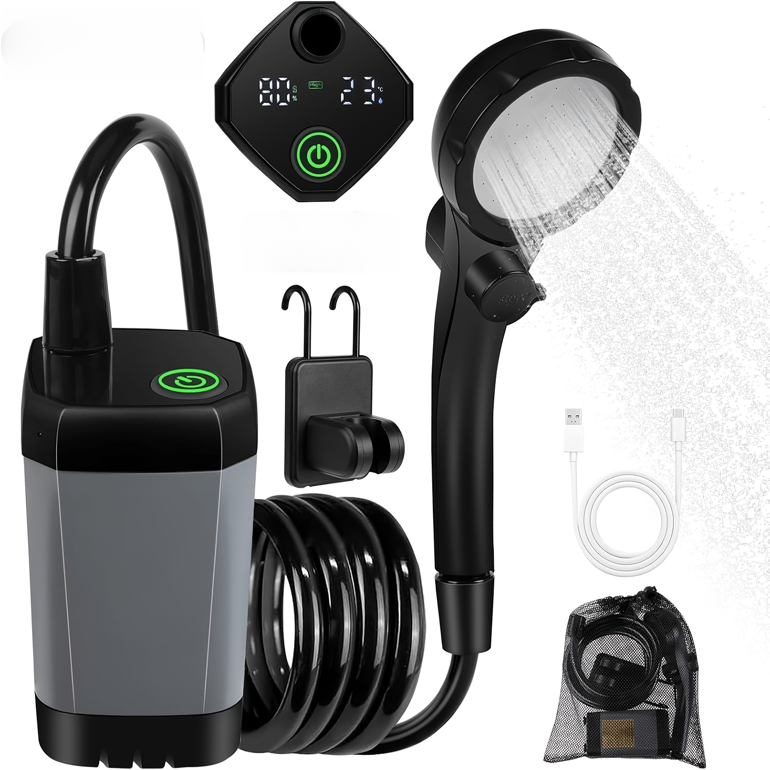 TEMU Camping Shower With Pump, 120-minute , Portable Shower Set With 2m Hose, Shower Head Holder For Garden, Car Wash, Pet, Beach, And Travel.
