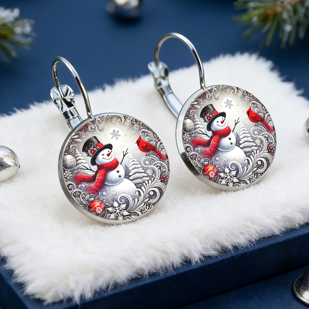 TEMU Snowman Christmas French Earrings, Alloy Material, Glass Inlay, Women's Fashion Gift, Exquisite Ear Jewelry Suitable For Daily Wear