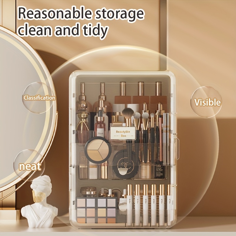 contemporary multi purpose desktop storage cabinet with built in drawers categorized compartments large capacity organizer for jewelry cosmetics makeup brushes lipsticks bottles durable plastic with magnetic closure perfect gift for valentines day mothers day graduation cosmetic holder   transparent side door sturdy construction home organizers Product details 5