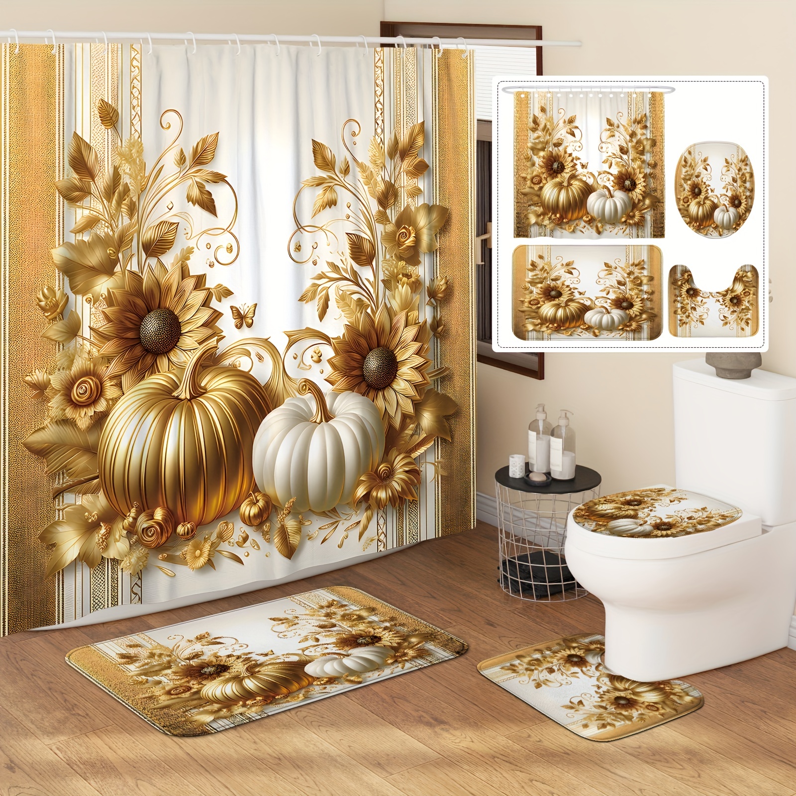 

Festive Fall Pumpkin And Sunflower 3d Luxury Shower Curtain Set With Non-slip Rugs And U-shaped Toilet Lid Cover - Autumn Decor For Your Bathroom