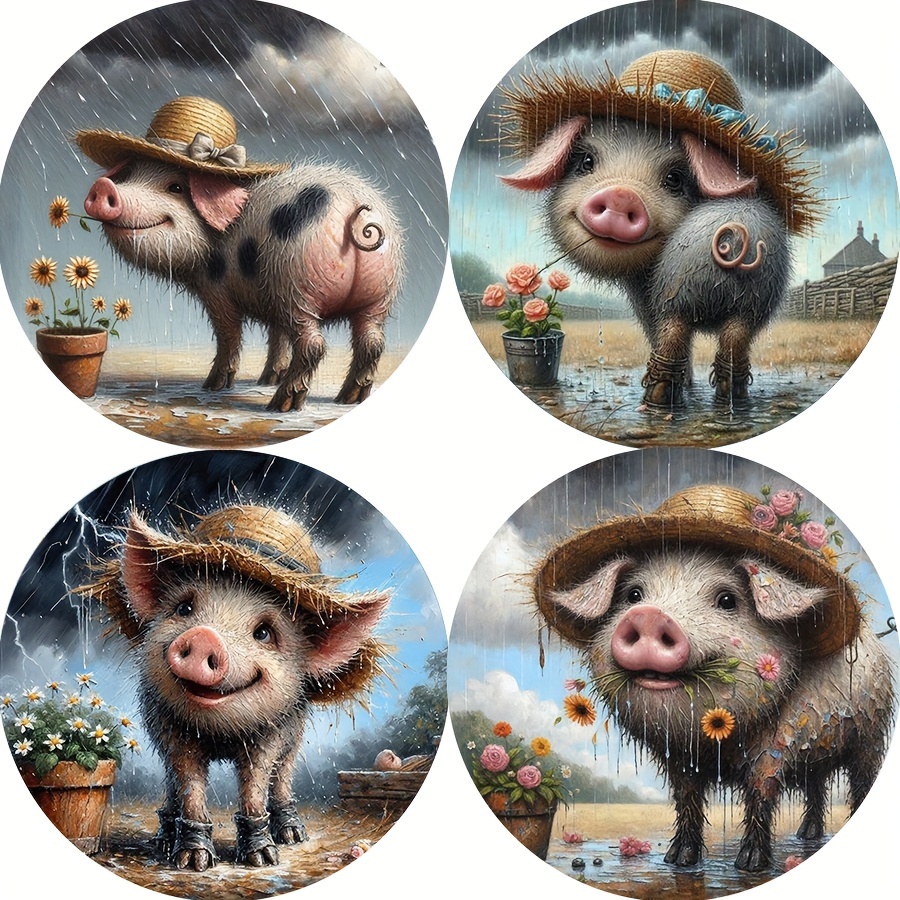 

4 Piece Set Cute Pig Design Coasters, Spray Painted Animal Series, Heat-resistant Manufactured Wood Drink Mats With Slip-resistant Synthetic Cover, Kitchen Accessories & Home Decor Gift Set