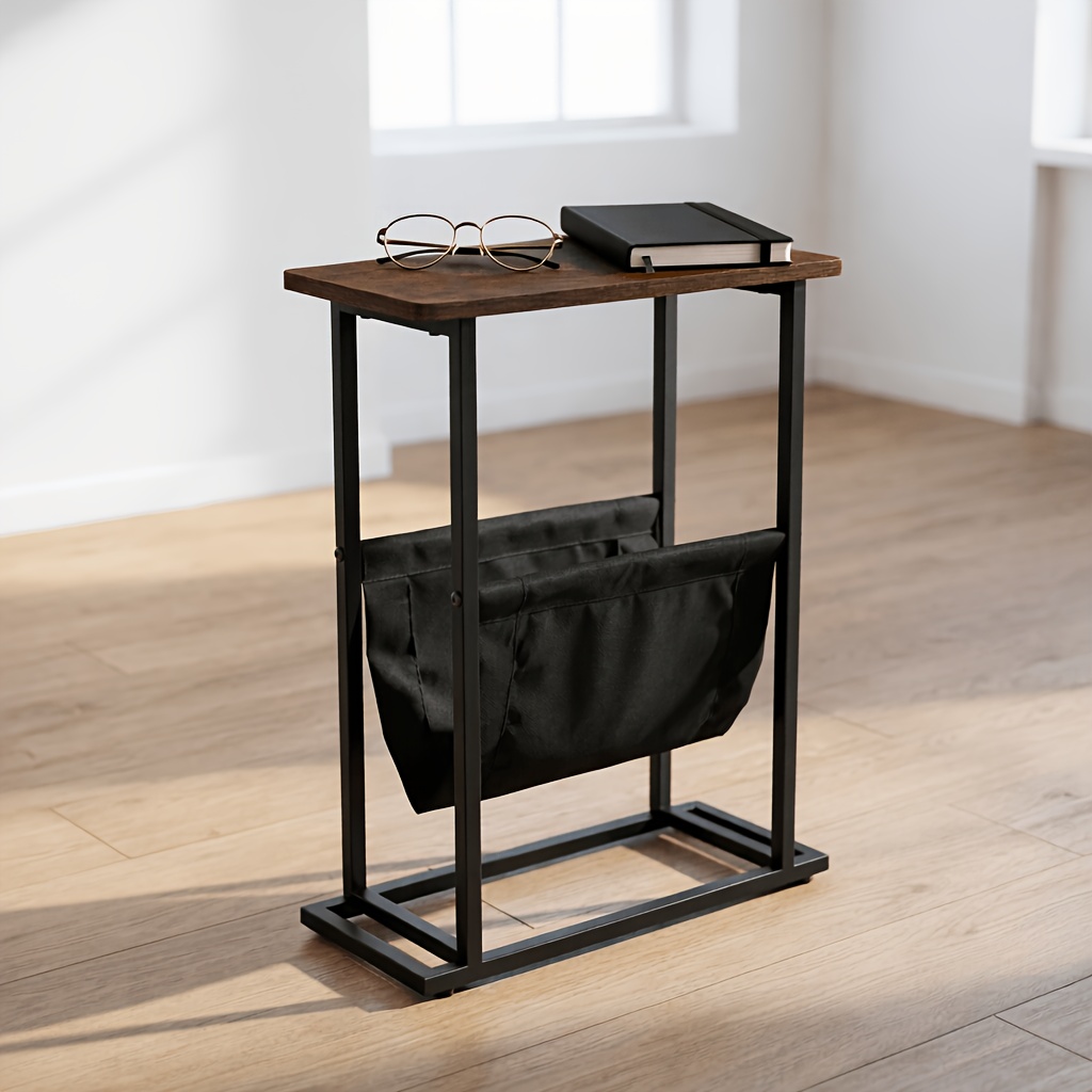 TEMU Industrial Narrow Side Table With Magazine Rack, Rustic Wood Top And Sturdy Black Metal Frame, Space-saving Design For Sofa Side, Living Room,