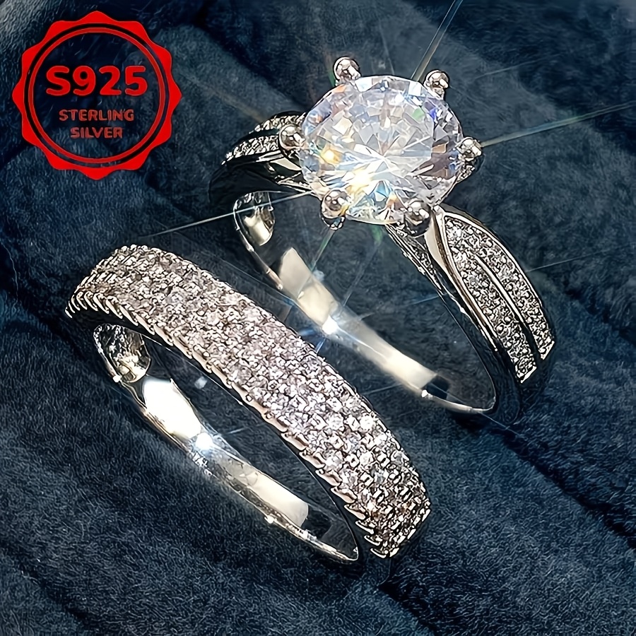 TEMU Ensemble de Bagues de Mariage en Argent Pur S925 à Six Griffes, Bagues Principale et avec Design Complet, Bague de Mariage Luxe Léger en Argent,