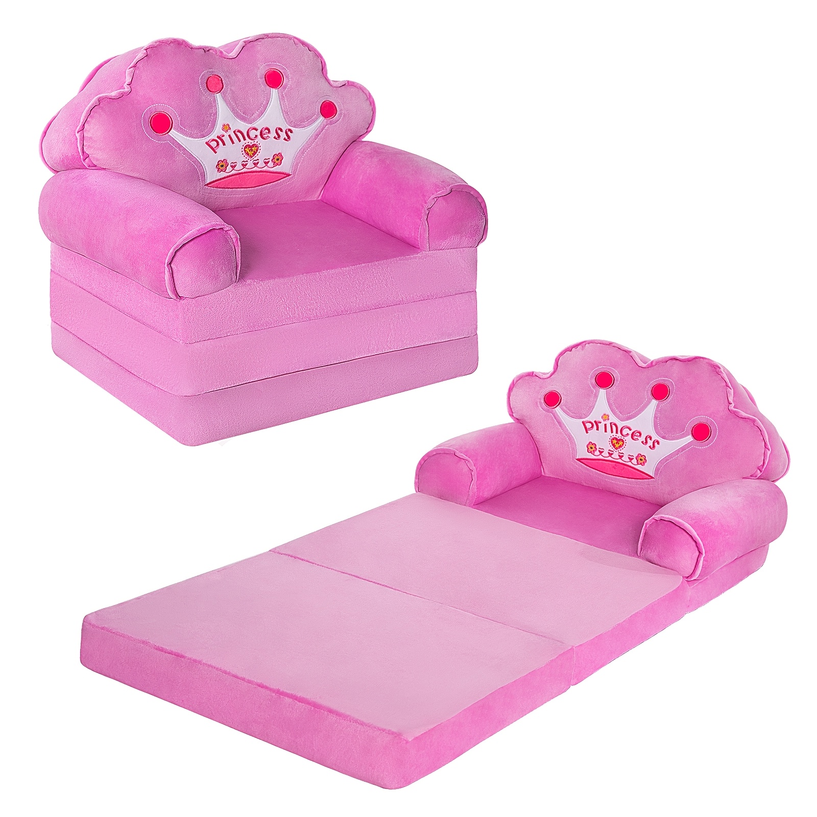 E-shop Klappbares Kinder-Sofa Pink Princess, 2-in-1-Loungesessel mit umklappbarer Rückenlehne hochelastischem Schwamm, superweicher Plüsch-Sessel für