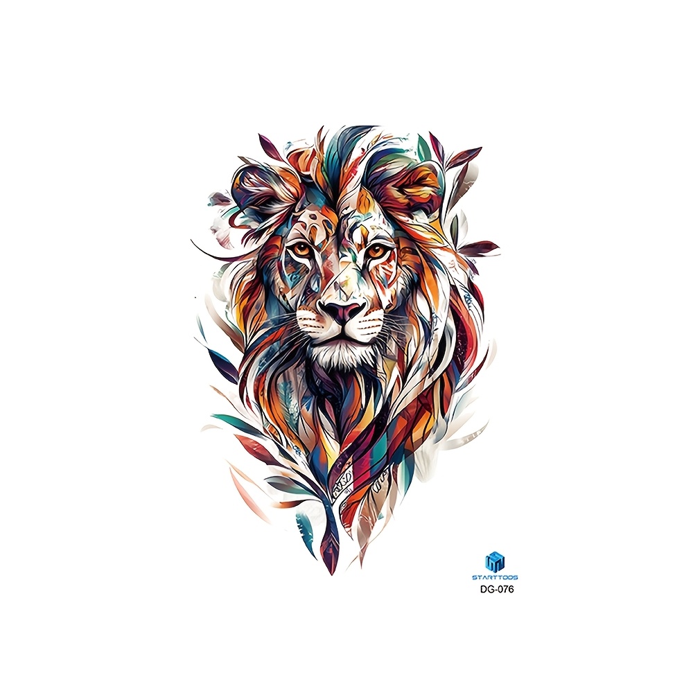 Vibrant Lion Temporary Tattoo Sticker - Waterproof Body Art For , Legs, Chest & Back - Multicolor Design With Intricate Mane & Eyes - Perfect For Parties & Events - 1pc