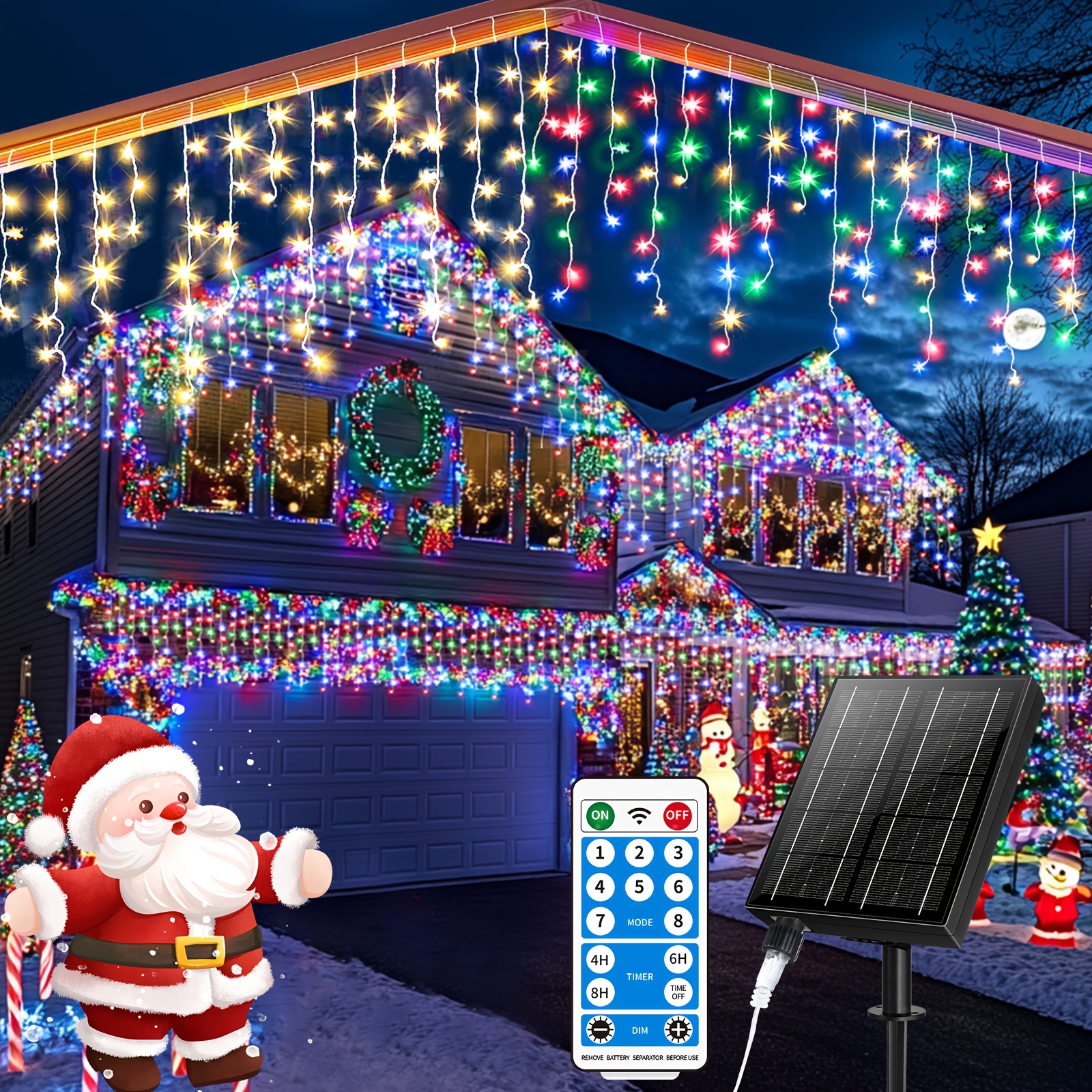TEMU Outdoor Solar Icicle Lights Outdoor 76.4ft 600led Christmas 2400ma Outdoor Christmas Fairy Lights Usb Rechargeable 8 Timer Remote Control Flash