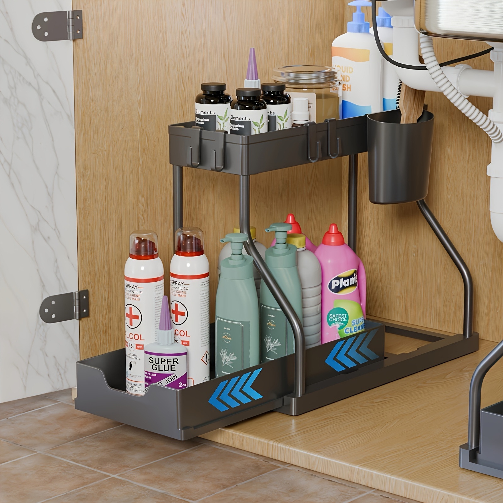 2 tier under sink storage organizer plastic sliding drawer multi purpose rack for bathroom kitchen black white cabinet organizer details 3